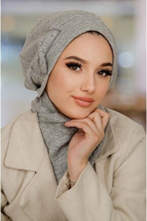 Gri Melanj Fiyonklu Tesettür Bere ve Etol Takım