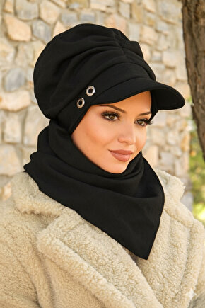 Siyah Büzgülü Tesettür Şapka Ve Etol Takım