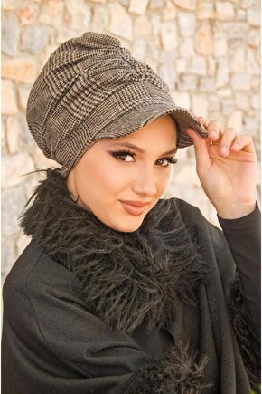 Bej Siyah Ekose Tesettür Şapka