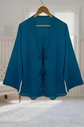 Petrol Mavi Önü Bağlamalı Kimono Tunik  Likralı Yazlık Kumaş