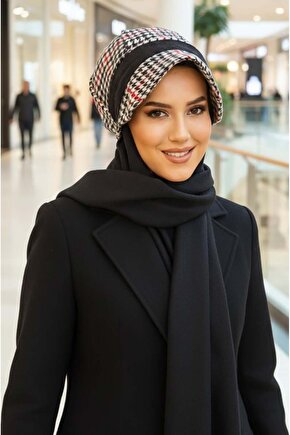 Siyah Kırmızı Kazayağı Desen Tesettür Şapka