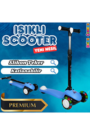 Lupa Katlanabilir Işıklı 3 Tekerlekli Mavi Scooter - Işıklı Scooter - Slikon Teker Scooter - Çocuk S