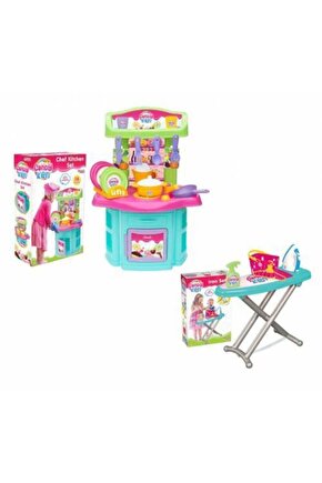 2 Li Set - Şef Oyuncak Mutfak Seti + Ütü Seti Eğitici Erkek Kız Çocuk Oyuncakları