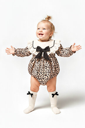 Kız Bebek Kız Çocuk Romper Doğum Günü Parti Düğün Leopar Romper Dantelli Fiyonklu Uzun Kol Romper