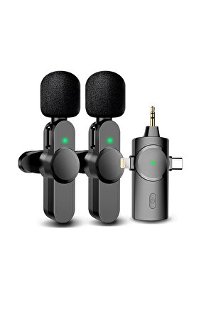 Kablosuz 2 li Yaka Mikrofonu 3in1 Lightning 3.5mm Type-C Kamera Telefonu Tablet Bilgisayar