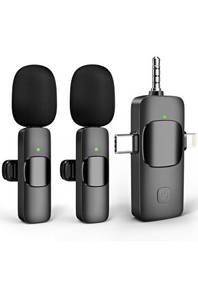 2 Lİ KABLOSUZ YAKA MİKROFONU iOS, Android, Kamera, USB-C  , Video Kaydı, Vloglama, YouTube uyumlu