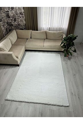 Modern Tavşan Tüyü Yumuşacık Tüy Dökmez Peluş Halı Kırık Beyaz