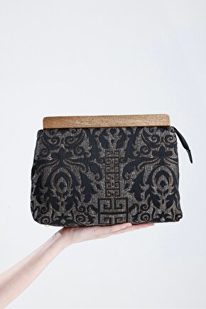 Heybes Kadın Siyah Otantik Desen Clutch Çanta