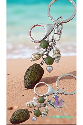 Doğal Taş Yesim Midye vu Boncuk Uçlu Anahtarlık Bolluk Bereket Enerjisi