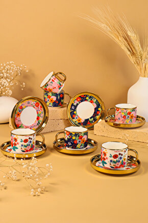 6 Kişilik 12 Parça Renkli Çiçek Desenli Porselen Kahve Fincan Takımı – Lüks ve Modern Tasarım
