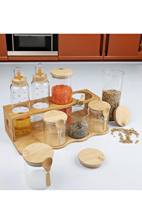 Bambulu Cam Baharatlık & Yağlık Seti – Standlı 8 Parça Düzenleyici