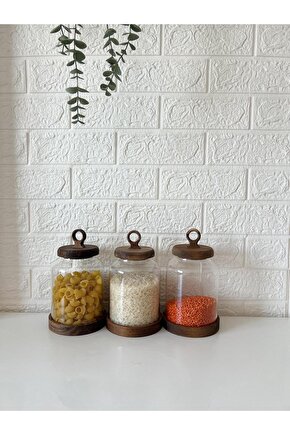 Rustik Ahşap Kapaklı Cam Kavanoz Seti 3’lü – Makarna, Pirinç, Mercimek Saklama
