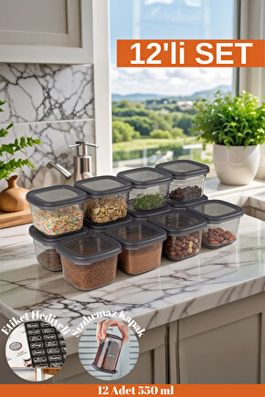 12 Adet 24 Parça 0,55 Litre Kahvaltılık Erzak Saklama Kabı Baharatlık Seti 20 Etiket Hediyeli