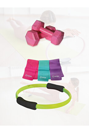 3lü Pilates Seti Evde Spor Direnç Lastiği Pilates Çemberi 2x1 kg Dambıl Evde Pilates Seti