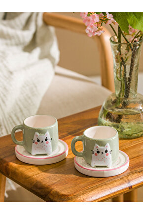 Vizyon Yeni Sezon Kedi Baskılı 2 Kişilik Seramik Kahve Fincan Takımı 90 ml