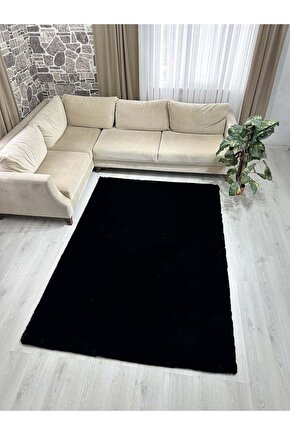 Modern Tavşan Tüyü Yumuşacık Tüy Dökmez Peluş Halı Siyah
