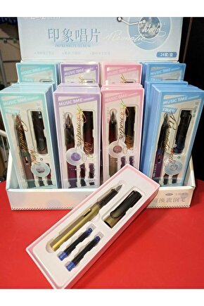 Hediyelik Dolma Kalem Seti EF uçlu kalem+iki kartuş sert mika METALİK GOLD