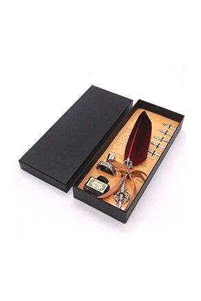 Hediyelik Taçlı Kuş Tüyü Divit Kalem Seti Şarap