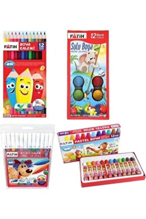 4ü Boyama Seti 12 Renk Pastel+ Sulu Boya + Kuru Boya + Keçeli Kalem
