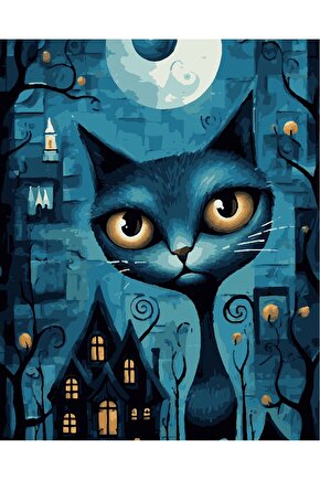 Sayılarla Boyama Kasnaklı Tablo Seti Fırça Boya Dahil 40x50 Blue Cat