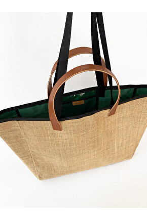 Kadın Yeşil Su Geçirmez Astarlı Jüt Hasır Büyük Boy Plaj Ve Alışveriş Shopper Tote Omuz Çantası