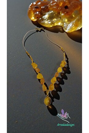 Doğal Taş Damla Kehribar Kolye Celik Aparat