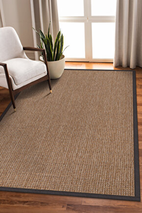 0465-Antrasit Kumaş Bordür Sisal Halı Kilim Hav Toz Vermez Kolay Temizlenen Hasır Kilim