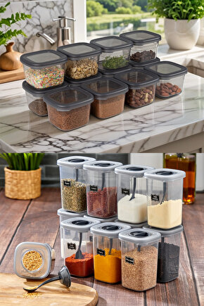 12 Adet 24 Parça 550 ml ve Kendinden Kaşıklı 450 ml Kare Erzak Sızdırmaz Saklama Kabı Etiket Hediye