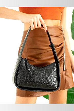 Siyah Wlc91 Kadın El Ve Omuz Çantası Kaliteli Işçilik Kroko Desenli Baget Çanta