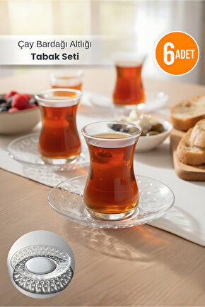 6Lı Çay Bardağı Altlığı Tabak Seti - Mika Kristal Çay Tabağı