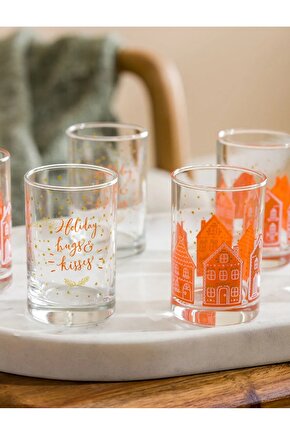 Yılbaşı Kolesiyonu Kahverengi Yılbaşı Baskılı Cam Bardak Seti 6lı 125 Ml