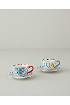 Coachella Mix Stoneware 4 Parça 2 Kişilik Kahve Fincan Takımı Mavi-Terracotta