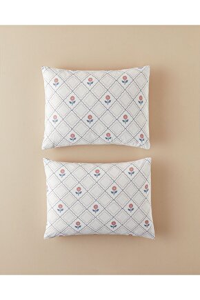 Ornament Blossom Pamuklu 2li Yastık Kılıfı Mavi - Pembe