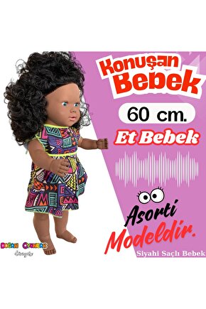 Oynar Gözlü Türkçe Konuşan Siyahi Nazlı Saçlı Et Bebek 60 Cm. - Konuşabilen Bebek - Saçlı Büyük Bebe