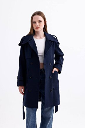 Kuşaklı Düğmeli Kaşe Kaban