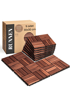Runnen Akasya Ağacı Yer Karosu 9 Adet Bahçe Banyo Deck Ahşap Karo Masif Yer Döşemesi Balkon Deck