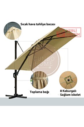 3*3 Kare Bahçe Şemsiyesi Tam Profesyonel 360 Derece Döner Pedallı Güneş Açılı Dış Alan Şemsiyesi