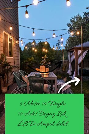 Beyaz Işık Ampullü, 5 Metre 10 Duylu Eklenebilir Bahçe, Kafe, Teras, Balkon Armatürü İç Dış Ve Mekan
