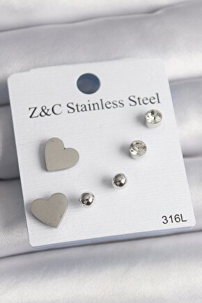 316L Çelik Gold Renk Zirkon Taşlı Kalpli Kadın Küpe Seti