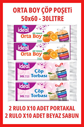 Ideal Kokulu Büzgülü Orta Boy Çöp Poşeti 4 Rulo 50x60cm 30Litre (2xPortakal, 2xBeyazSabun)