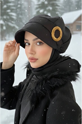 Siyah Gold Tokalı Tesettür Şapka