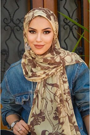 Uçuk Sarı Kahve Desenli Bone Hazır Şal