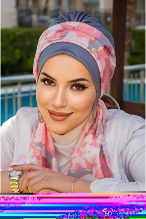 Gri Pudra Desenli Fularlı Bone