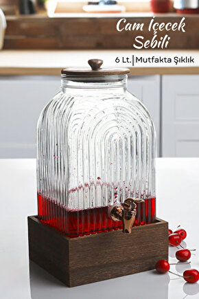 Musluklu Cam İçecek Sebili 6 L Bambu Standlı Çizgili Şerbetlik Halat Kulplu Şık Sunum Su Sebili