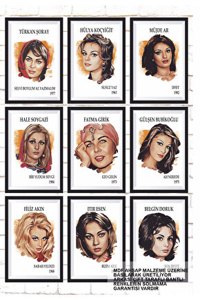 9 Parça Karışık Yazılı Ahşap Tablo Seti yeşlçam türk sinemasının güzel kadın oyuncuları posterleri