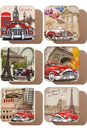 Londra Paris Roma Klasik Arabalar 6lı Ahşap Bardak Altlığı Seti