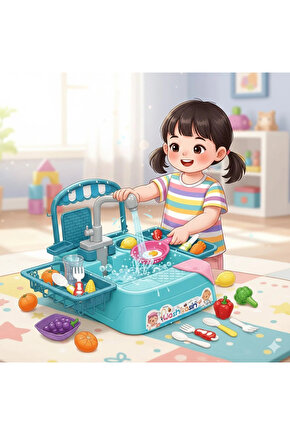 Mavi Su Akıtan Mutfak Lavabosu Seti - Çeşmeli Sesli Lavabo - Mutfak Seti - Su Akan Musluk - Akan Mus