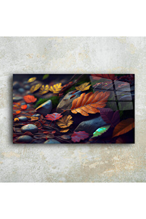 Renkli Yapraklar ve Taşlar Cam Tablo Duvar Dekoru