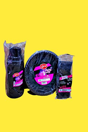 Parti Malzemeleri Özel Günler Için Siyah Renk Parti Set. 25 Adet Tabak 25 Adet Çatal 25 Adet Bardak