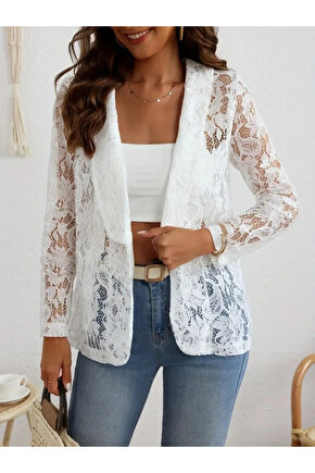 Kadın Uzun Kollu Yakalı önü Açık Dantelli Ceket